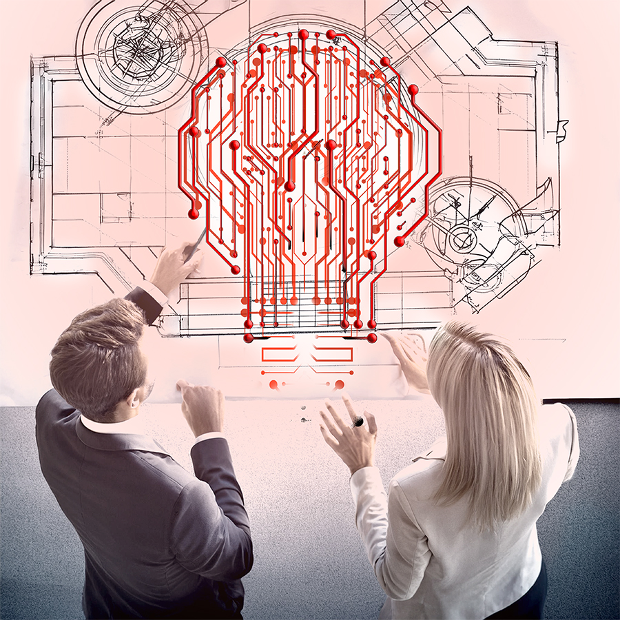 Bild von Mann und Frau, die auf einen Plan schauen, Plan ist in Form einer Glühbirne aus Straßennetz, das die Motometer Lösungen symbolisiert